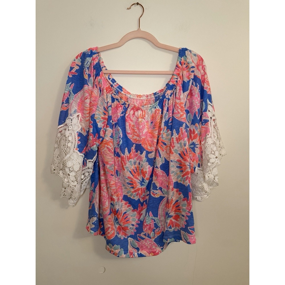 Lilly Pulitzer Zaylee Off The Shoulder Top XL Blue‎ Pink Floral Lace Sleeve